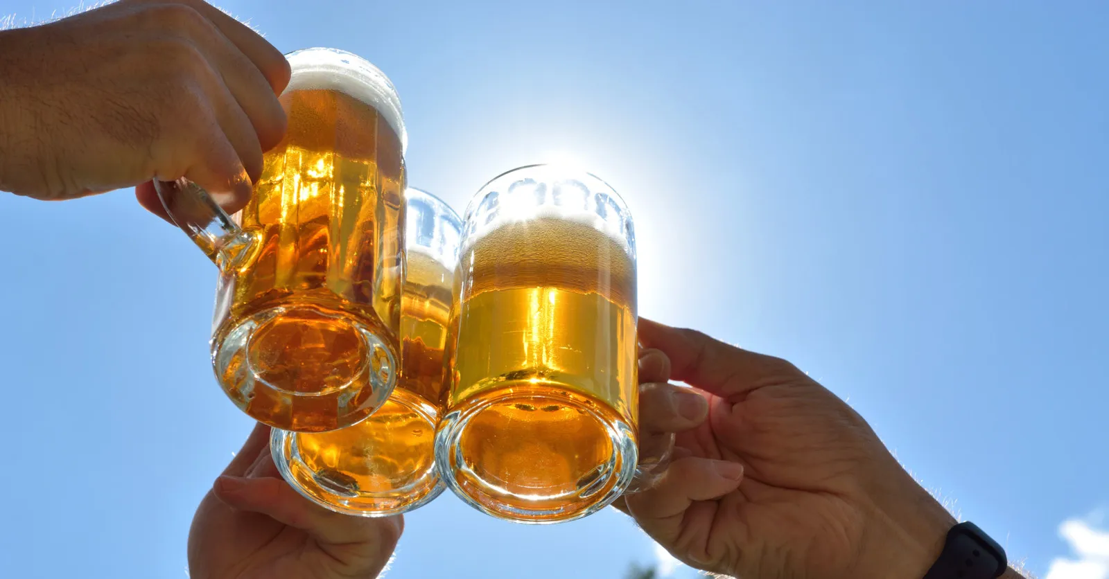 Drei Menschen stoßen mit je einem gefüllten Bierkrug an.